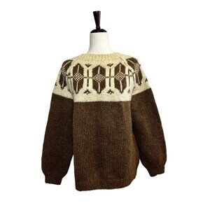 Vintage Hand Knit Wool Sweater Nordic Fair Isle Brown Cream Pullover Unisex M/L